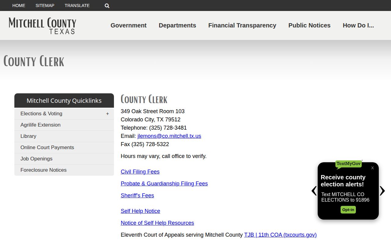 Official Mitchell County Clerk page