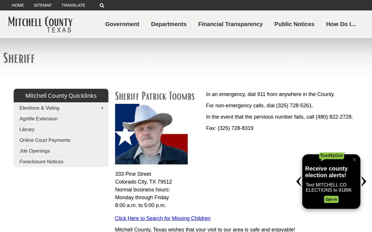 Official Mitchell County Sheriff contact page