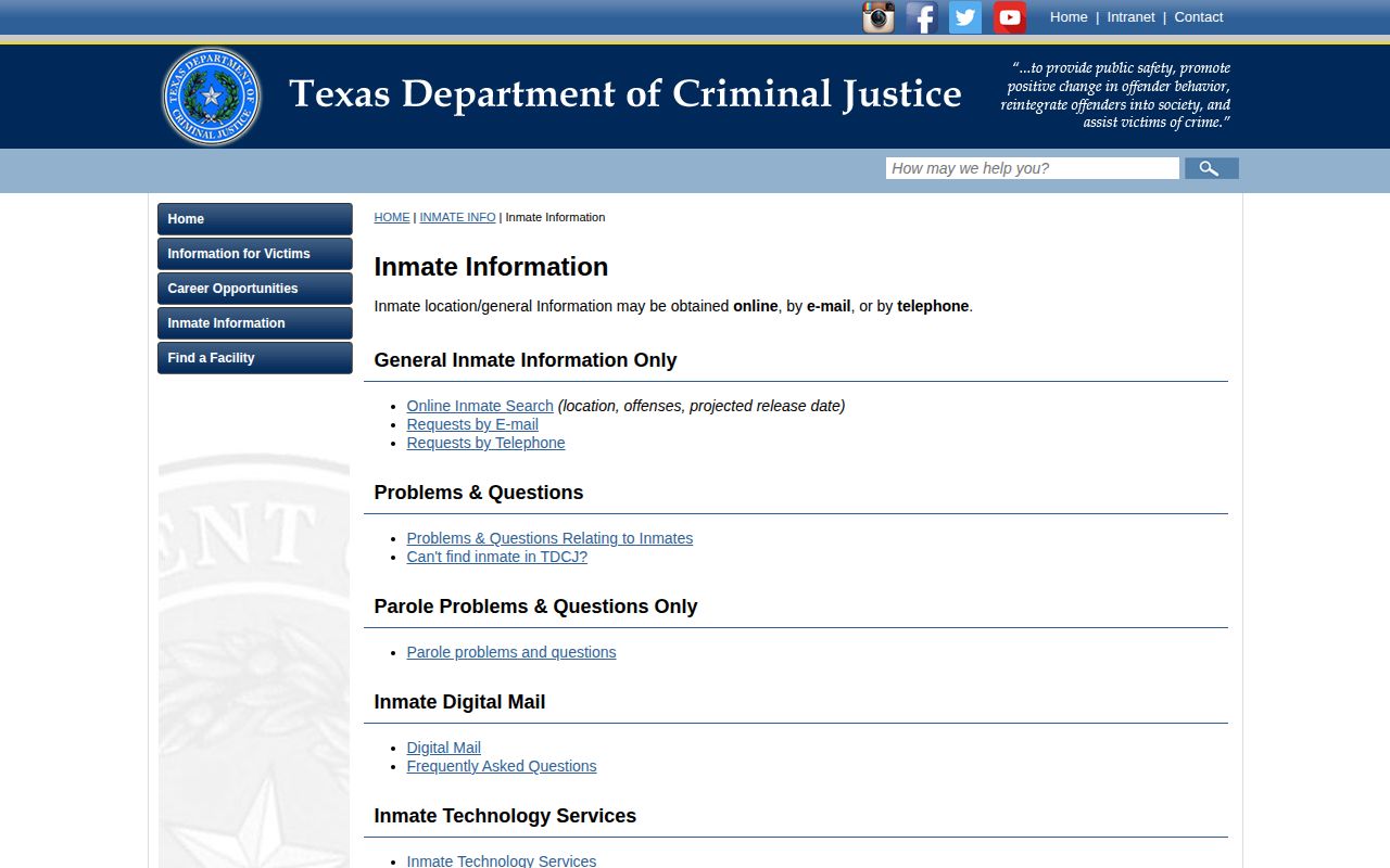 TDCJ offender information overview for current inmates